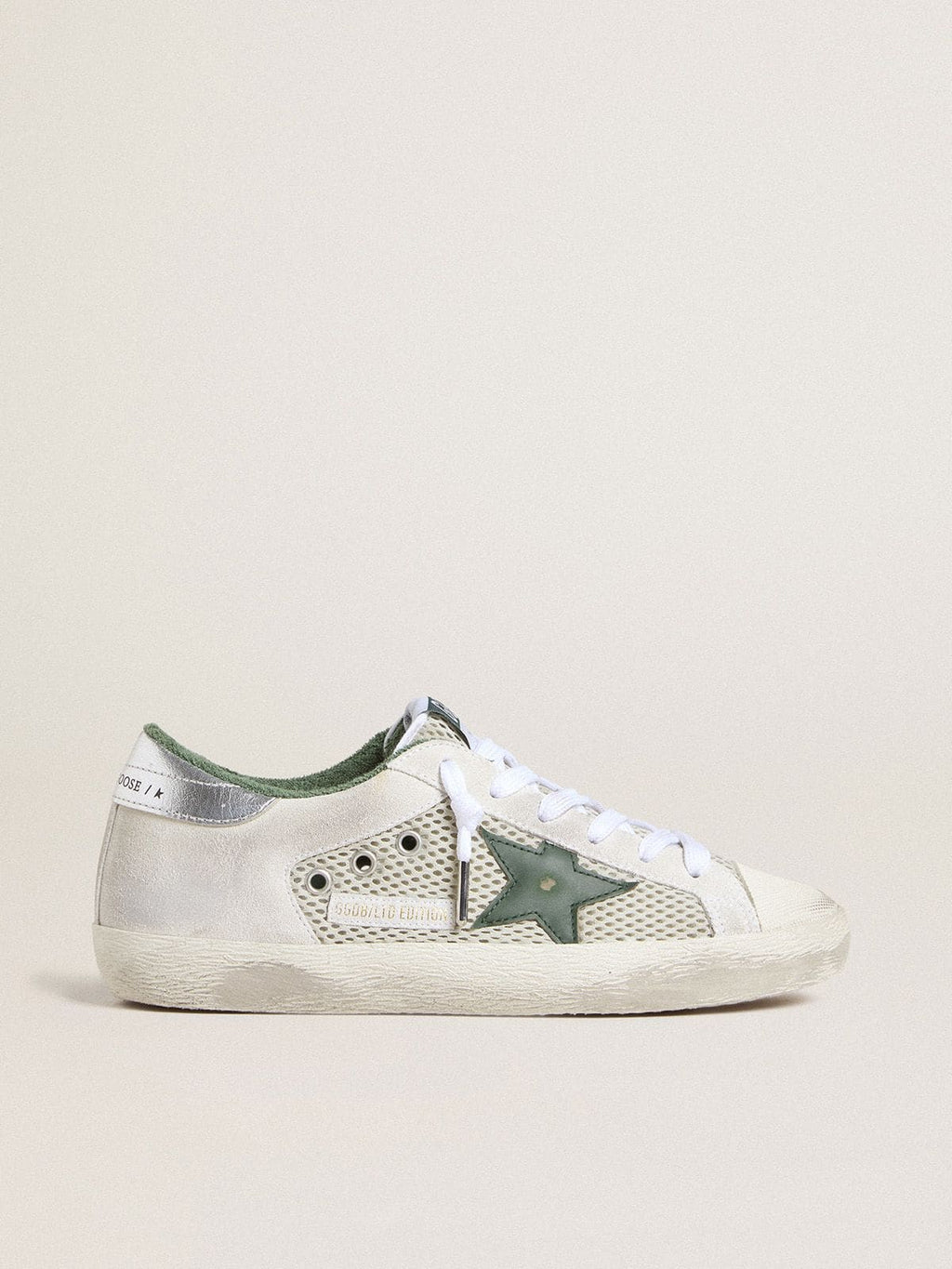 Women’s Super-Star LTD in white suede and mesh with green leather star and silver foiled leather heel tab