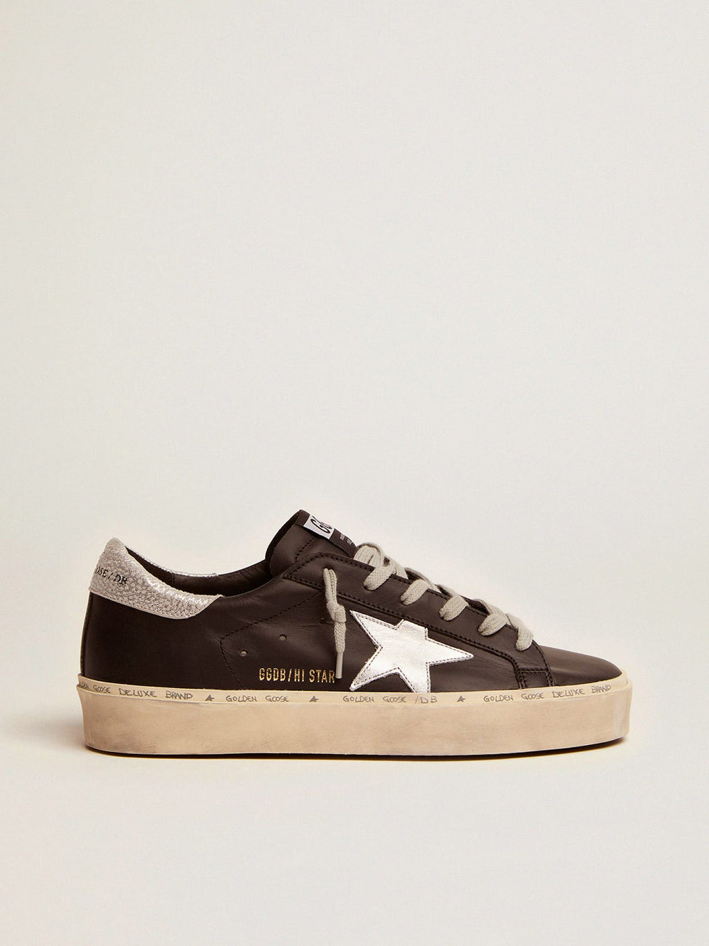 Sneaker Hi Star in pelle nera con stella in pelle laminata color argento