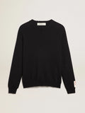 Maglione girocollo in cotone blu scuro dal trattamento distressed
