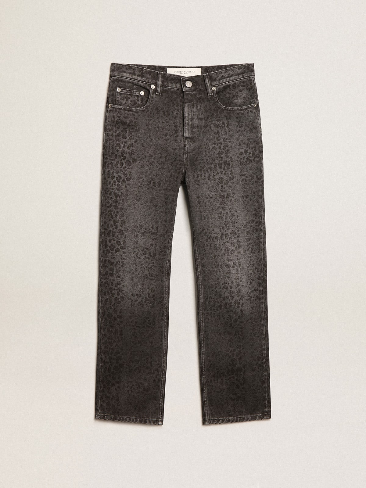 Jeans grigio da donna con stampa leopardo