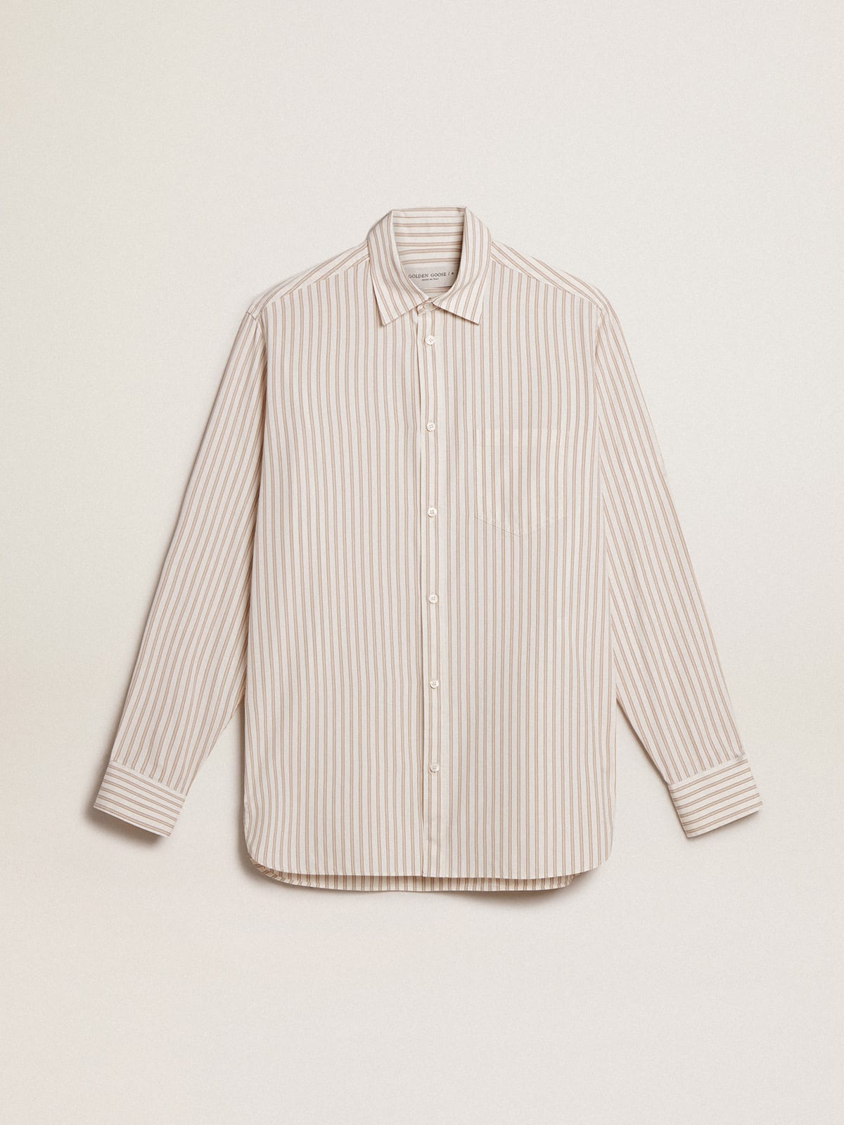 Camicia bianca da uomo in cotone con motivo a righe beige