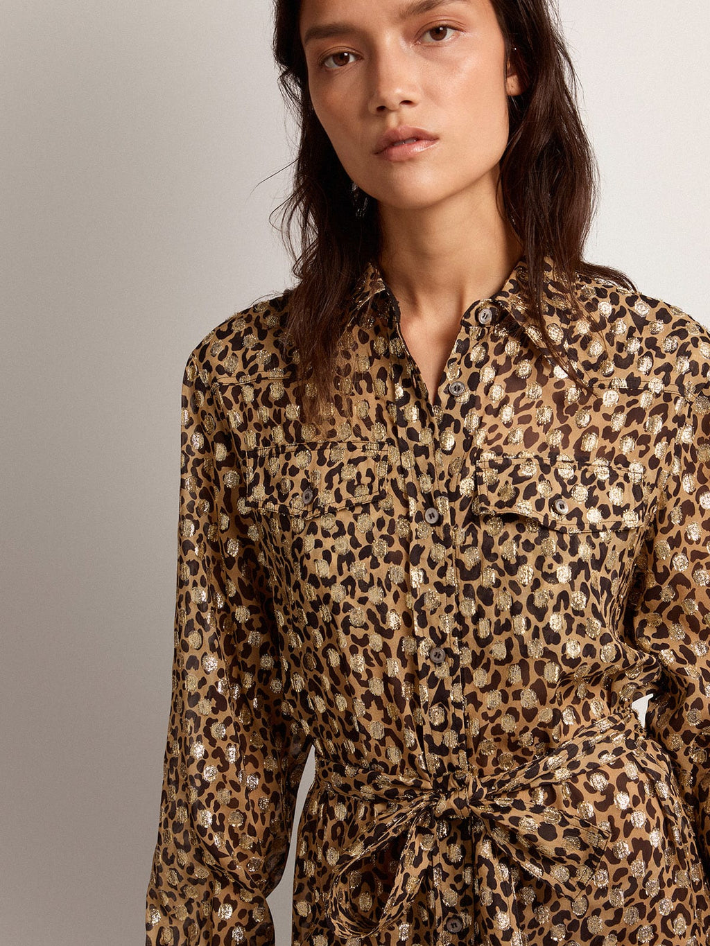 Vestito chemisier con stampa animalier e fil coupé dorato