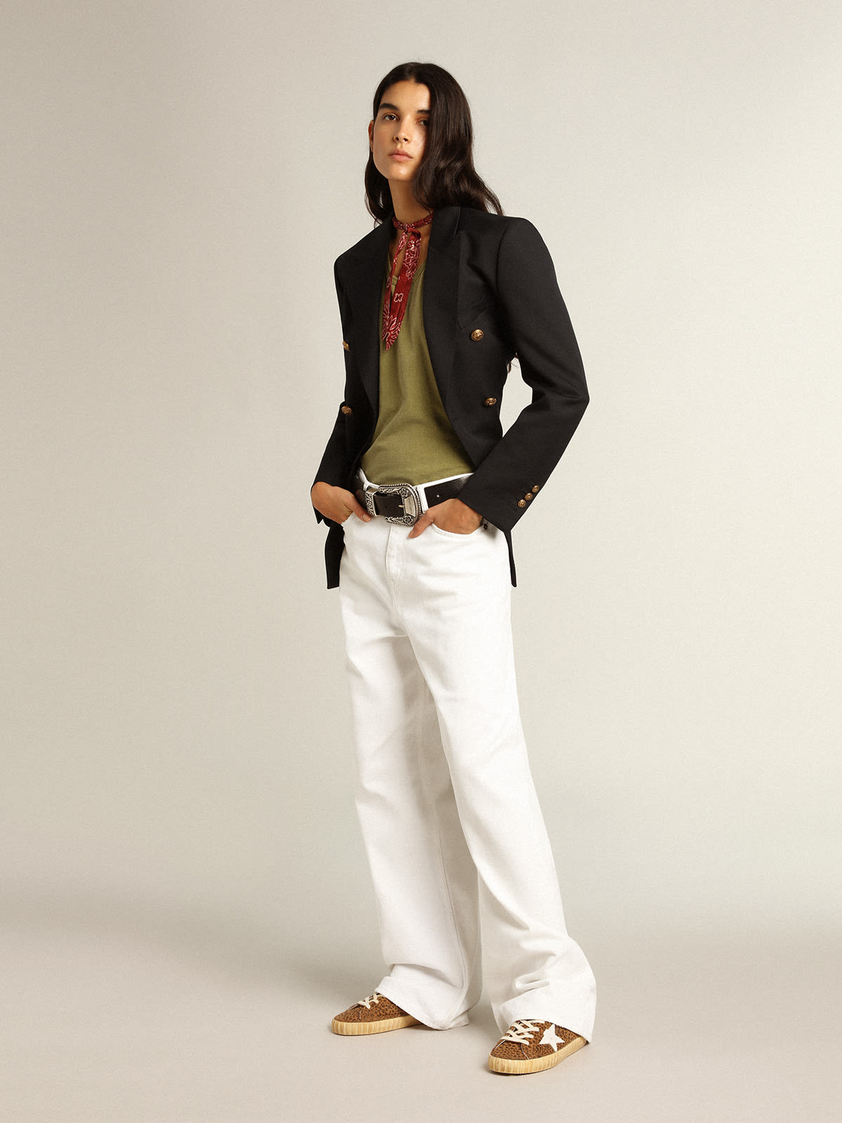 Super-Star in suede con stampa leo e stella in pelle color panna