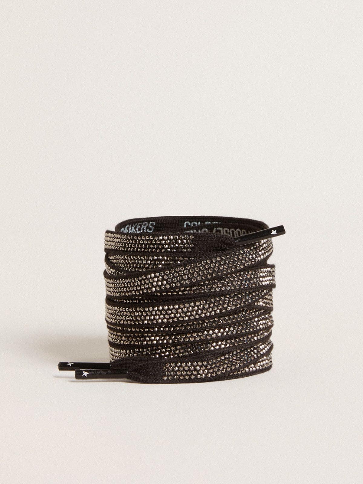 Black cotton laces with silver Swarovski crystals and white logo