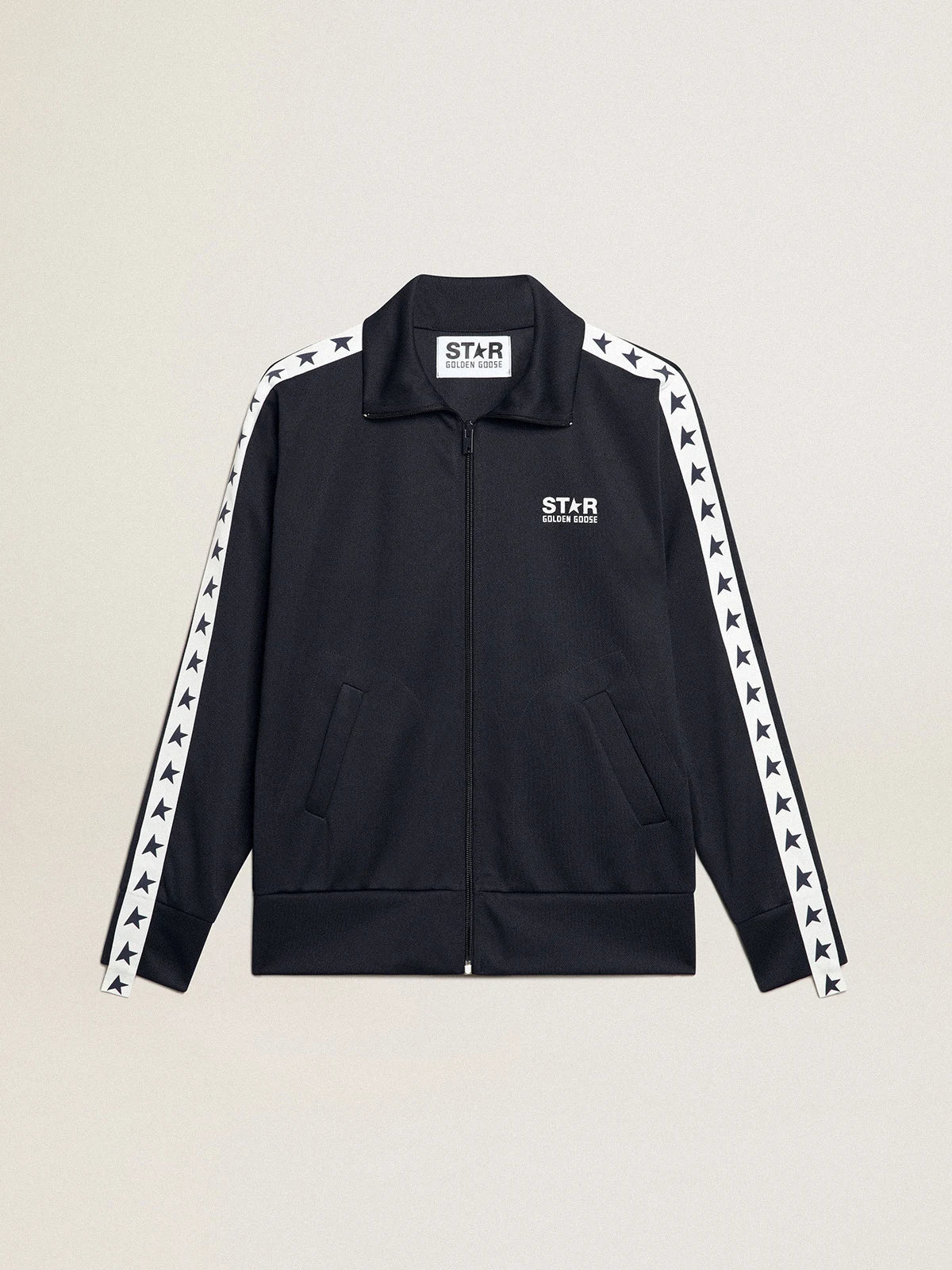 Felpa blu scura con zip e nastro bianco e stelle a contrasto