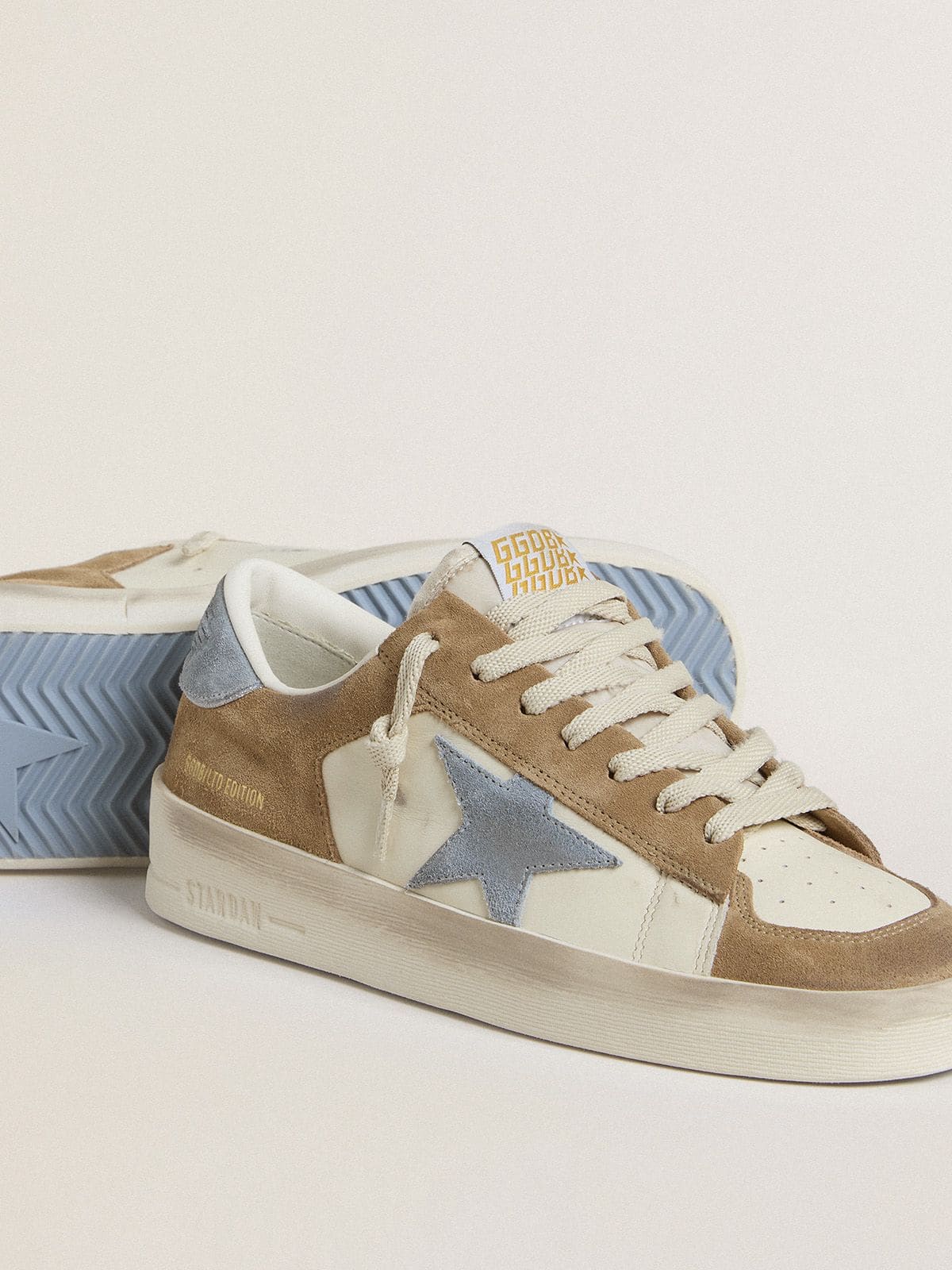 Stardan LTD in white leather and tobacco suede with light blue suede star and heel tab