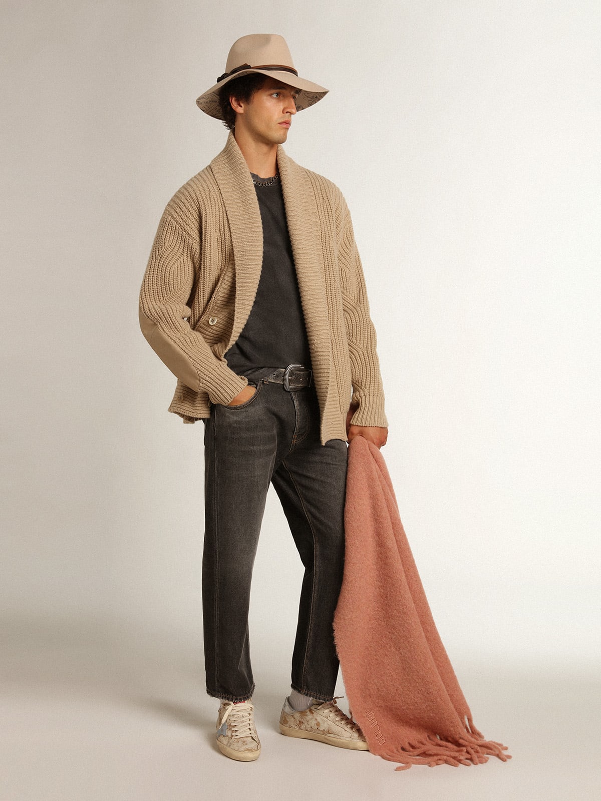 Cardigan doppiopetto Collezione Journey in lana a coste beige con toppe in pelle ton sur ton