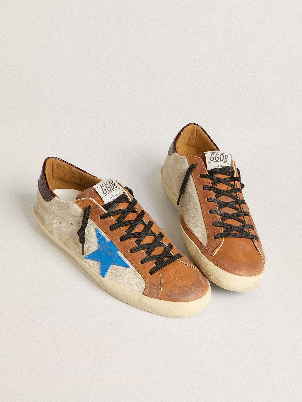 Beige Men's Super-Star LTD with light blue star and crocodile-print heel tab