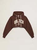 Felpa crop con cappuccio Collezione Journey di colore marrone noce scritta Golden bianca a contrasto