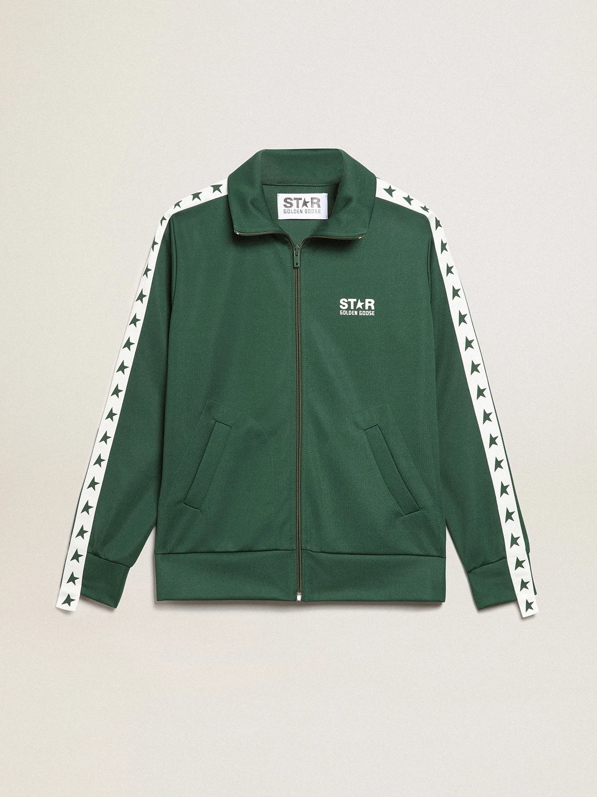 Felpa con zip da donna di colore verde con nastro bianco e stelle a contrasto