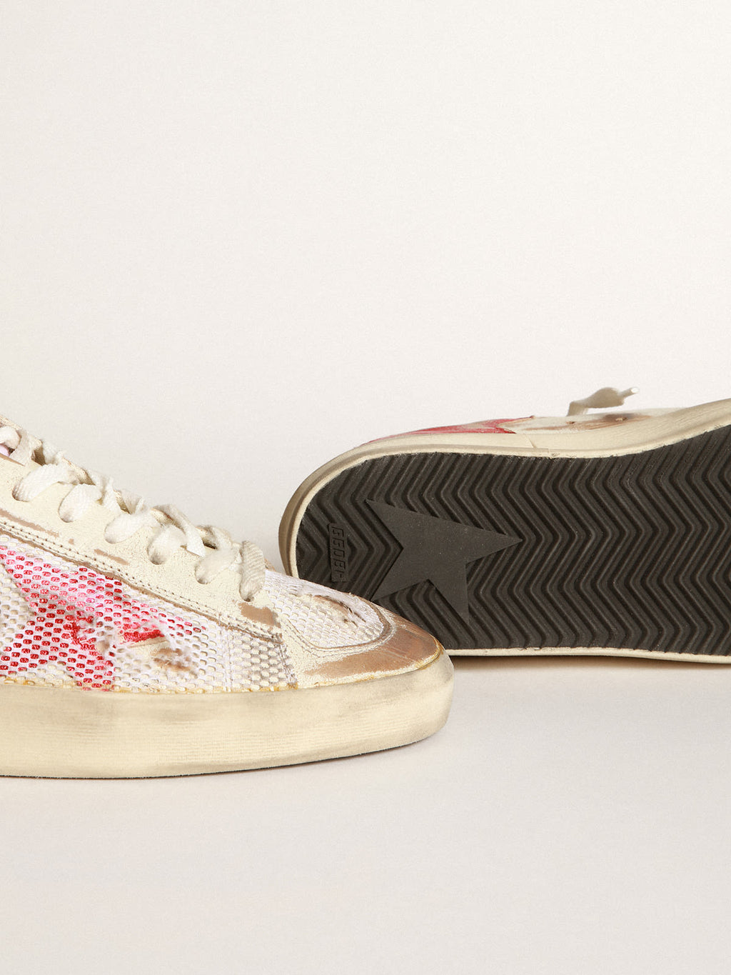 Sneaker Stardan LAB in pelle e rete bianche con stella in pelle laminata rossa
