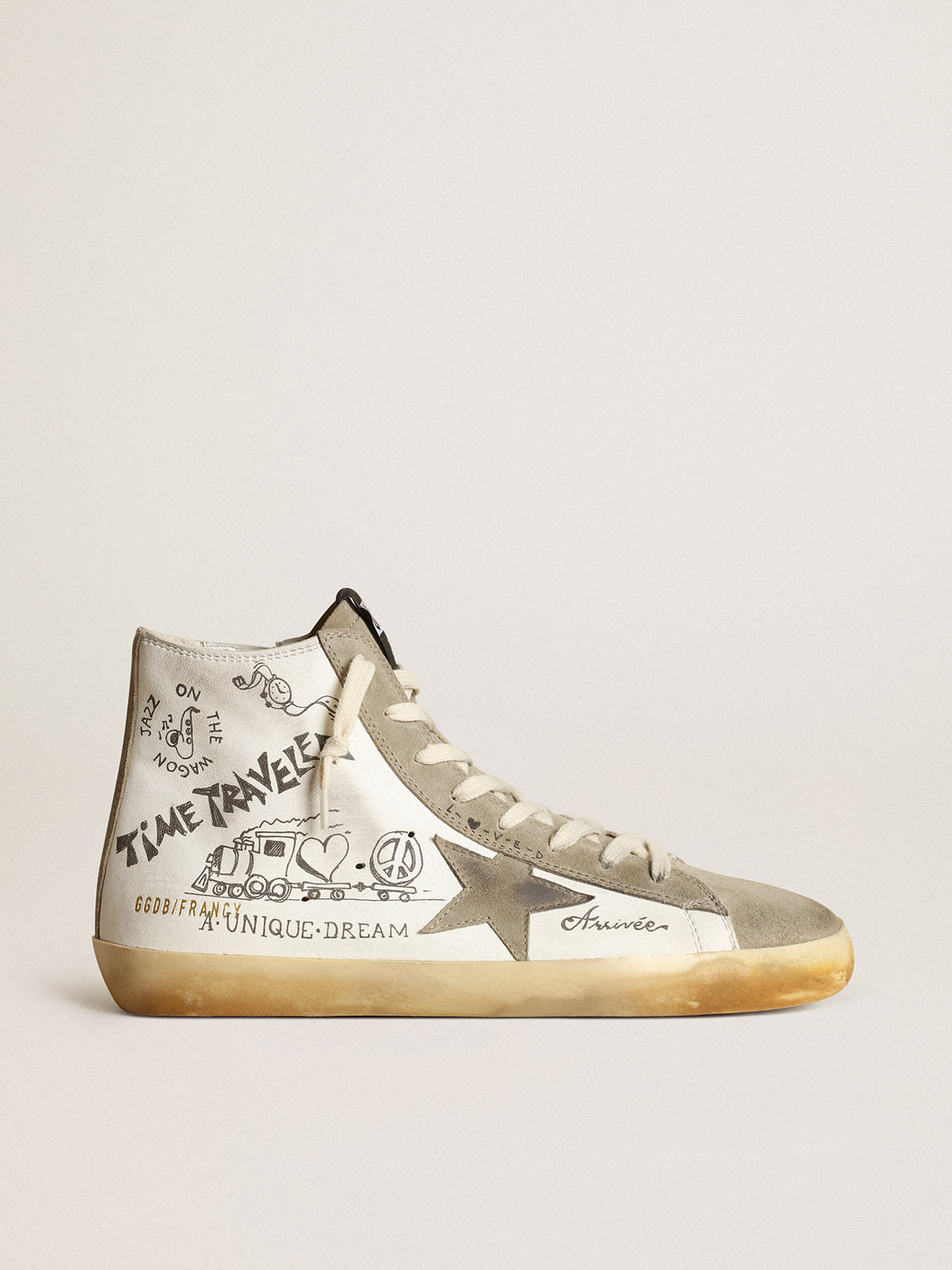 Sneaker Francy Uomo con inserti in suede color tortora e scritte nere all-over