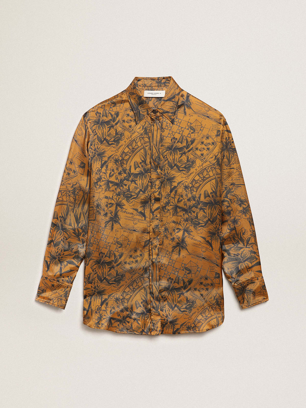 Camicia boyfriend Collezione Journey di colore marrone dorato con stampa notebook