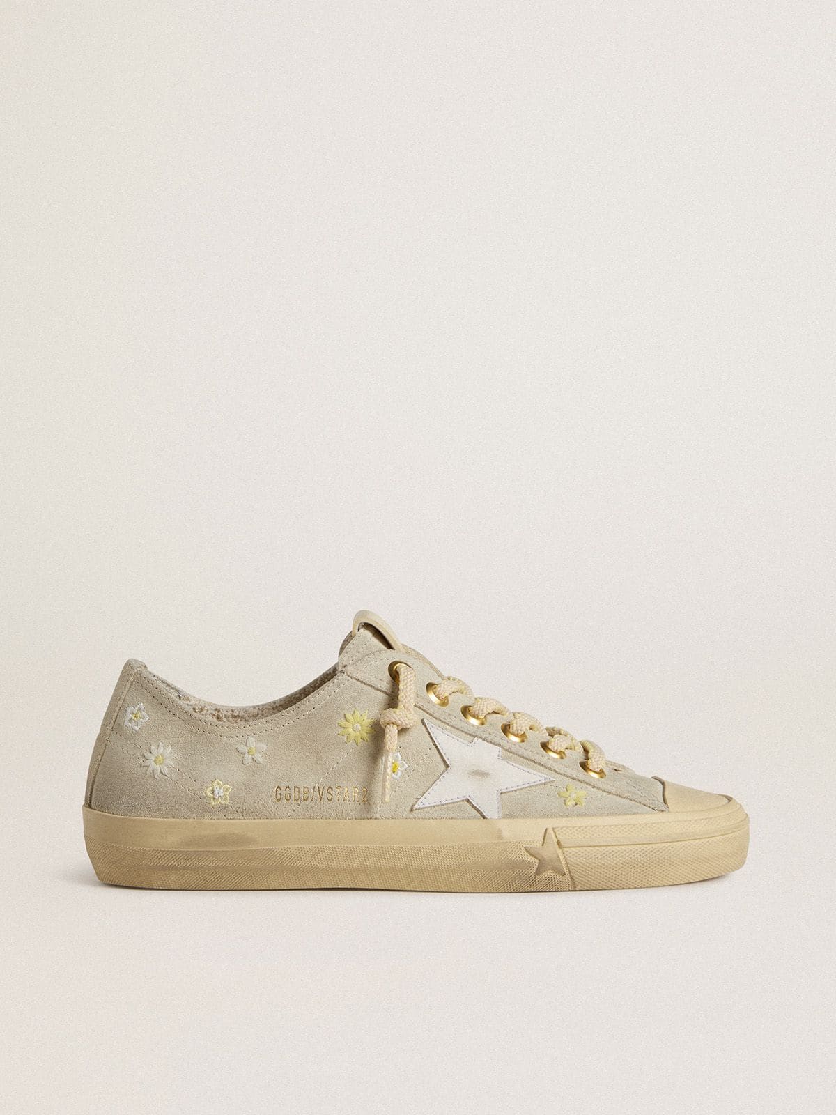 Women’s V-Star in ice-gray suede with white leather star and floral embroidery