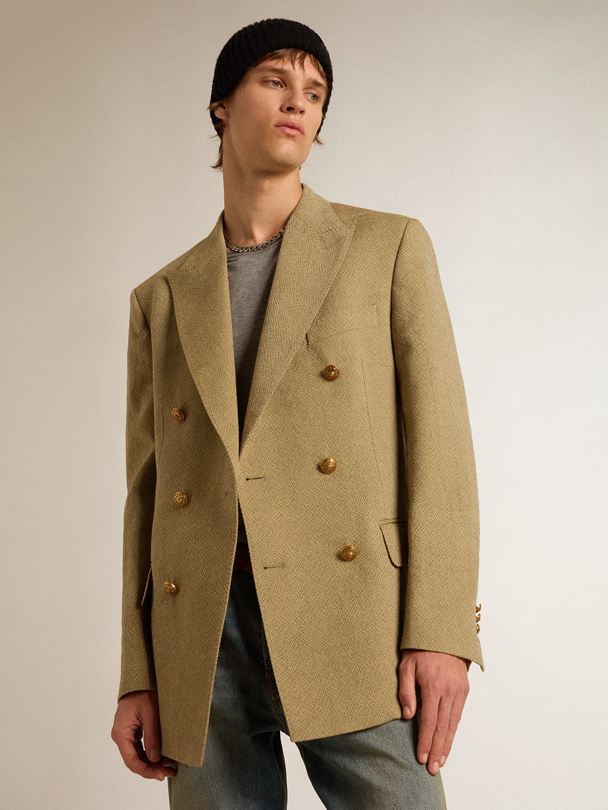 Blazer doppiopetto in lana da uomo di color faggio chiaro
