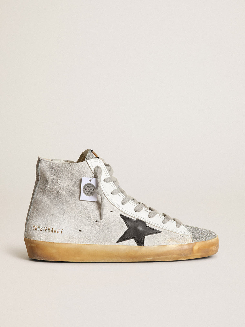 Sneaker Francy in suede bianco con linguetta in micro cristalli Swarovski e stella in pelle nera