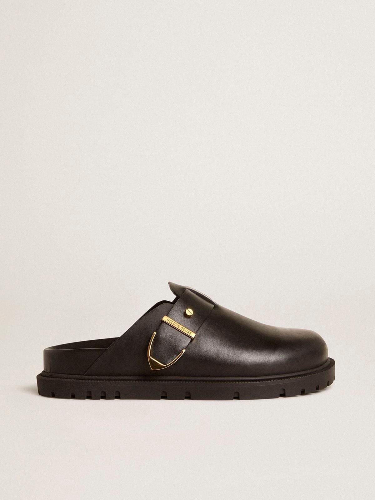 Women's Lucy Sabot in glossy black leather with gold metal buckle
