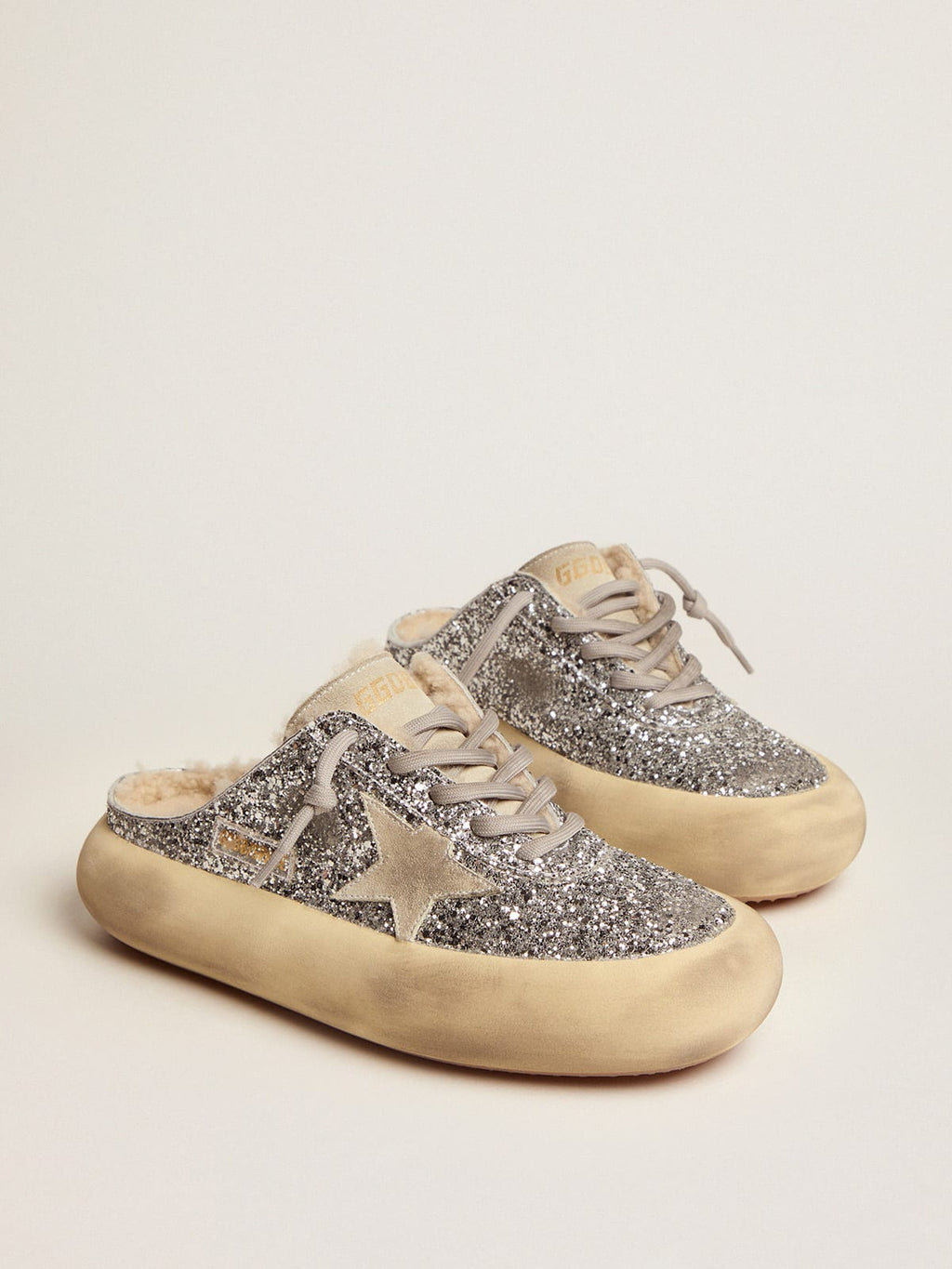 Scarpe Space-Star Sabot in glitter argento e fodera in shearling