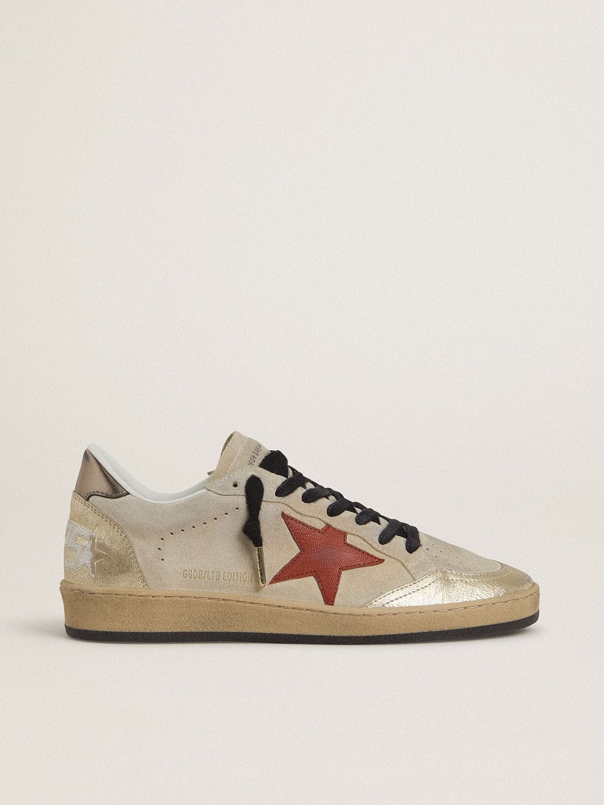 Ball Star in beige suede with red leather star and metallic bronze foiled leather heel tab