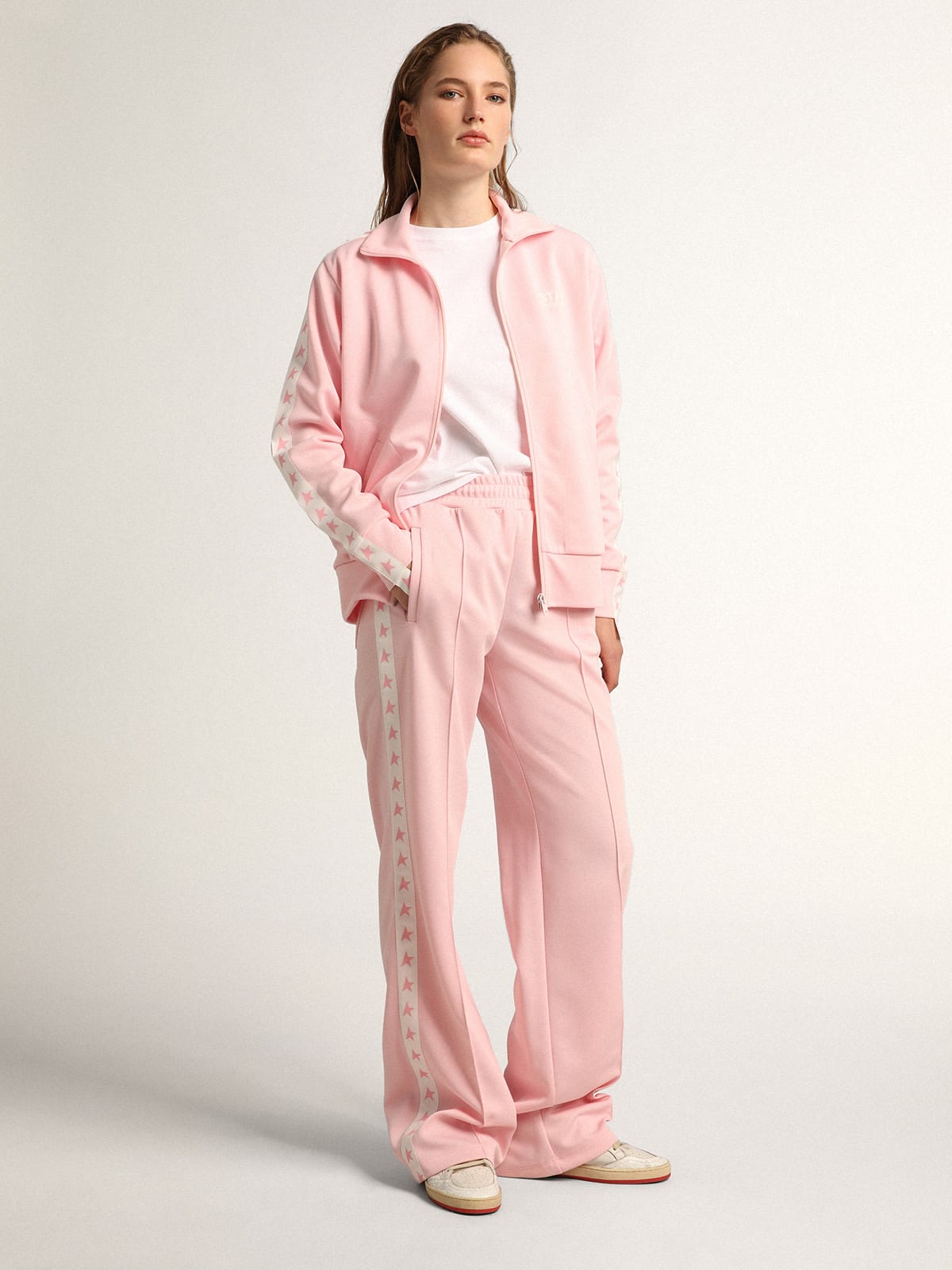 Felpa con zip da donna di colore rosa con stelle rosa a contrasto