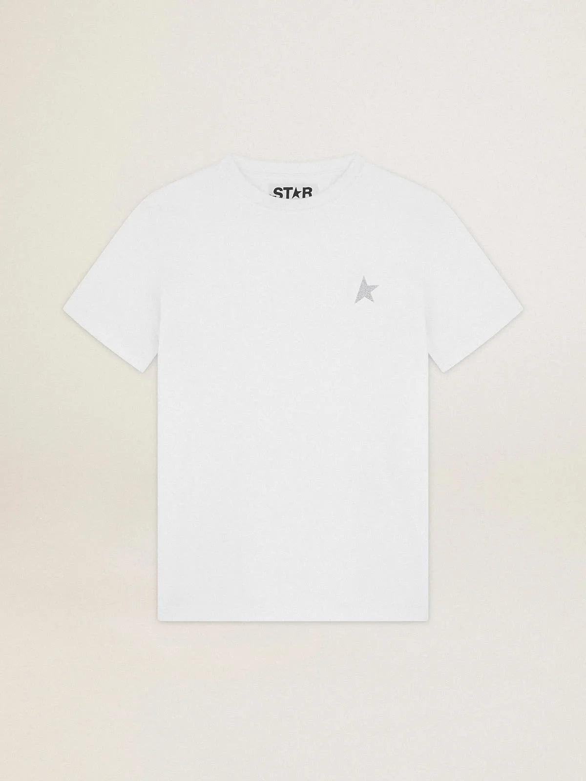 T-shirt bianca Collezione Star con stella in glitter argento sul davanti