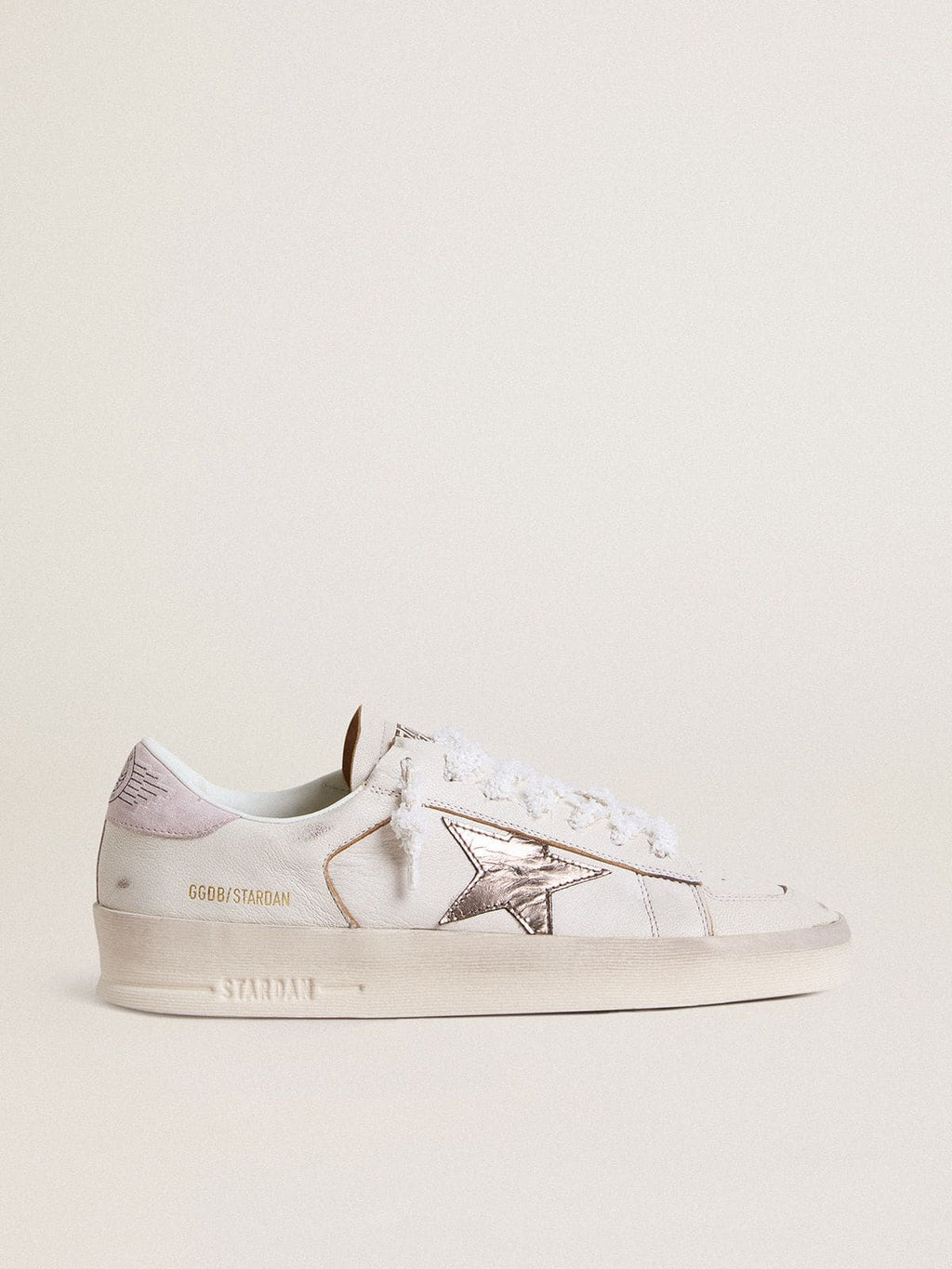 Stardan in nappa leather with metallic silver leather star and pink suede heel tab