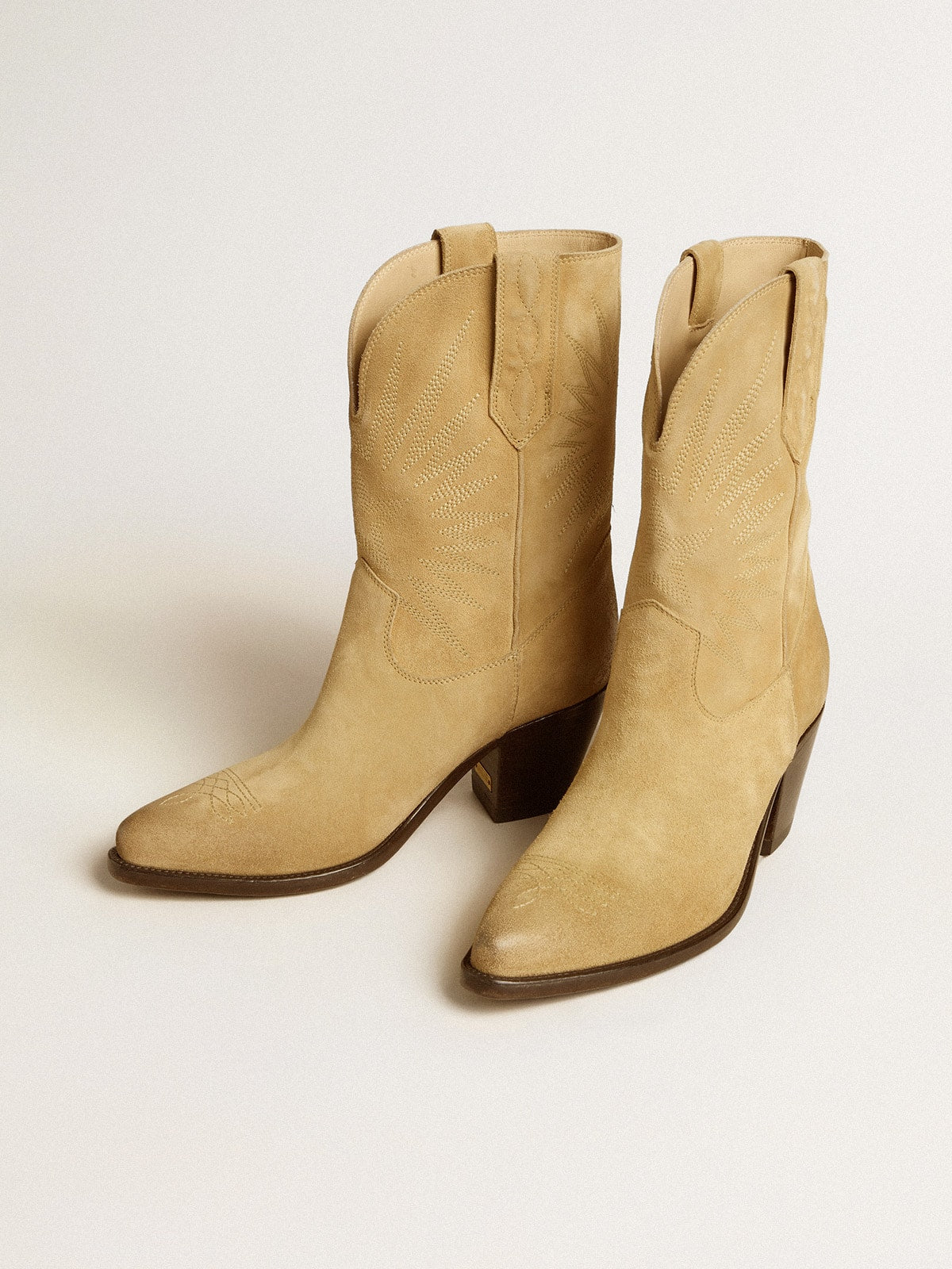 Wish Star low boots in sand-colored waxed suede with star embroidery