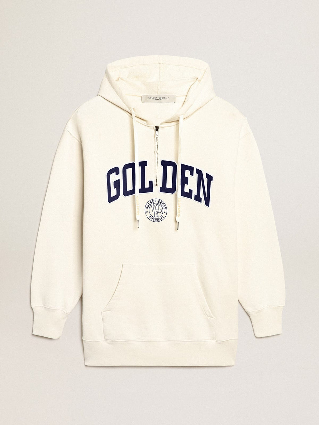 Vestito felpa color bianco con cappuccio e patch Golden
