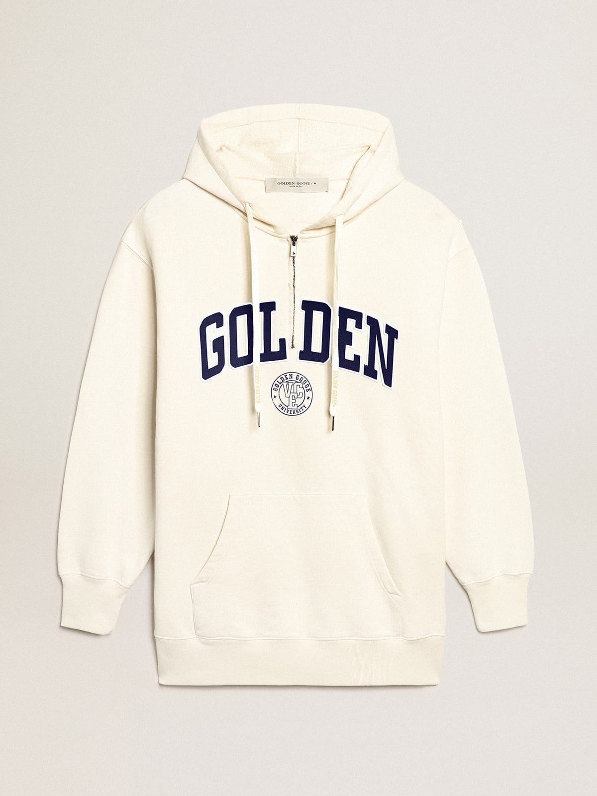 Vestito felpa color bianco con cappuccio e patch Golden