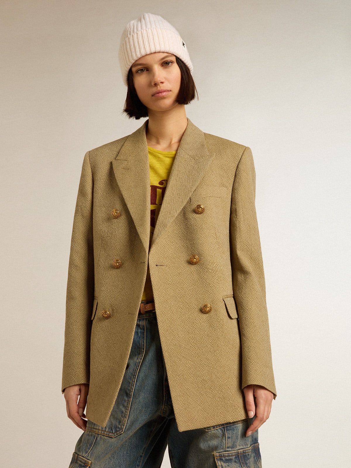Blazer doppiopetto in lana da donna di color faggio chiaro