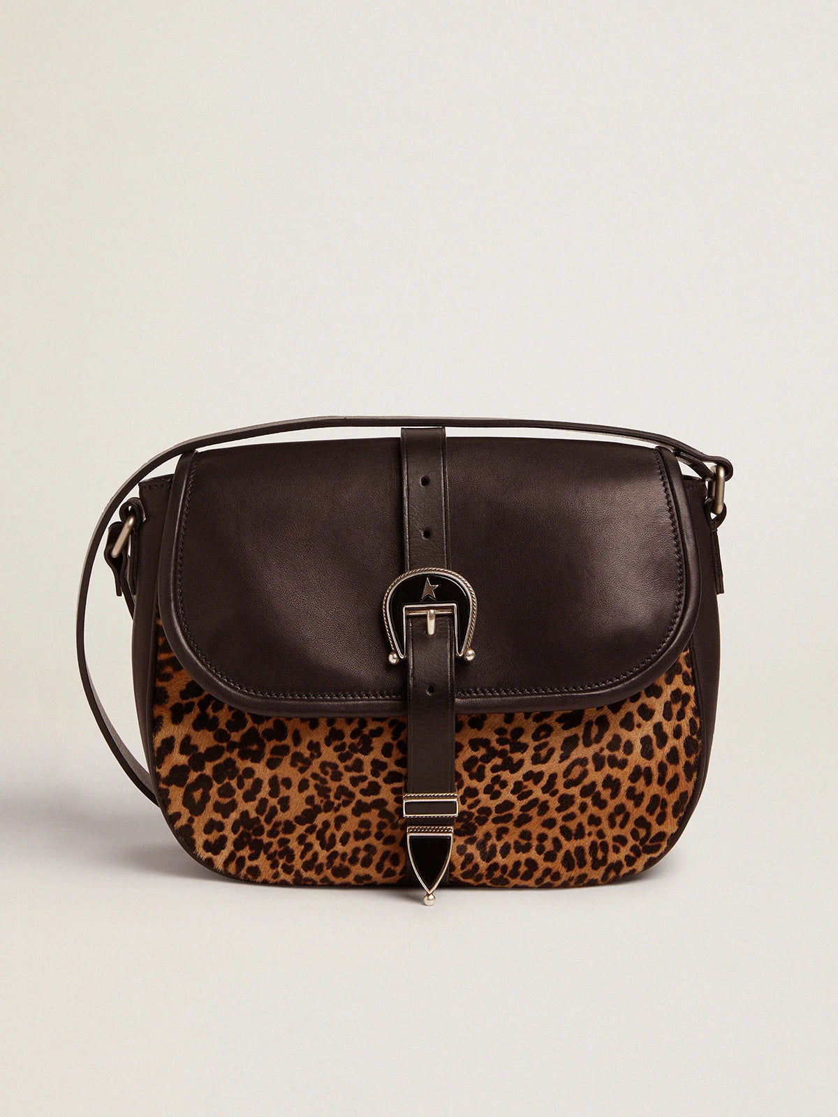Borsa Rodeo Bag medium in pelle nera e cavallino leopardato