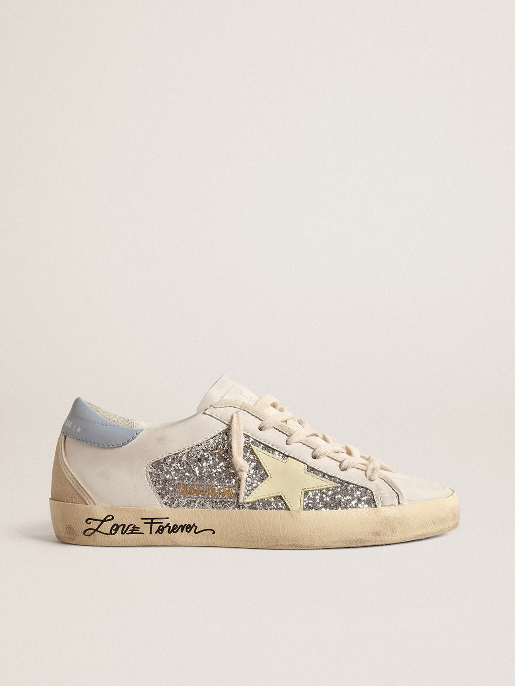 Super-Star bio-based con glitter argento e stella in pelle gialla