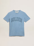 T-shirt Collezione Journey color blu harbor dall'effetto distressed con scritta Golden ton sur ton