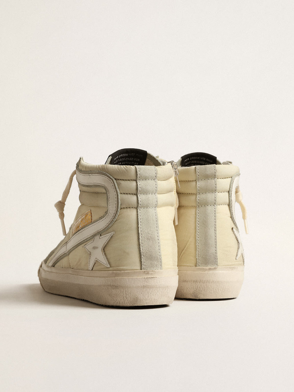 Slide in nylon avorio con stella e virgola in pelle bianca