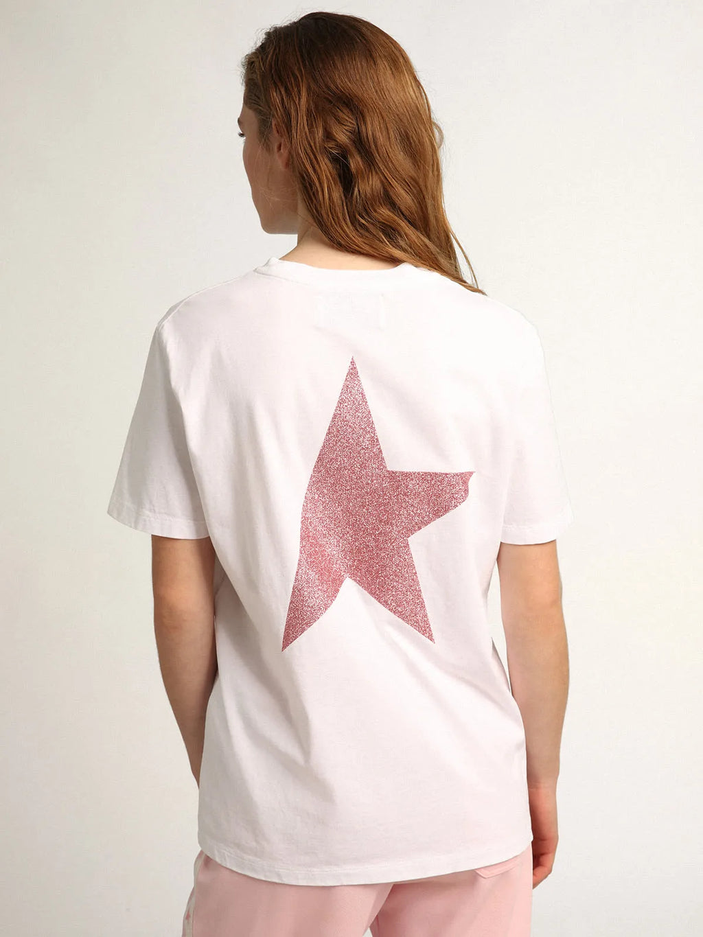 T-shirt bianca Collezione Star con logo e stella in glitter rosa