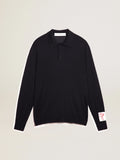 Polo maniche lunghe da uomo in lana merino di colore blu navy