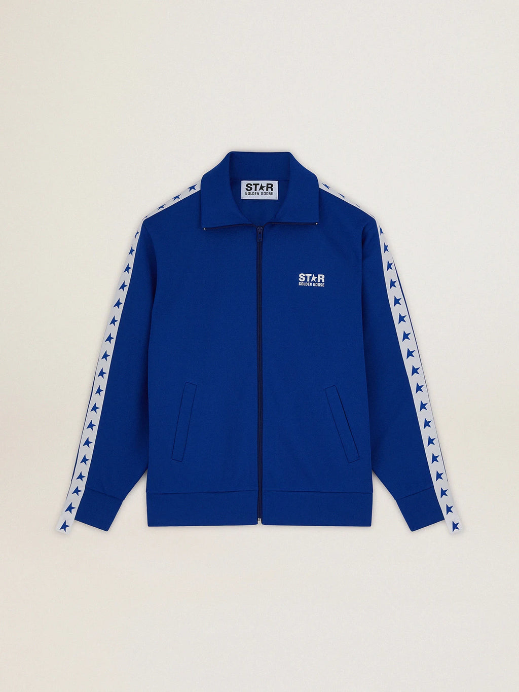 Felpa con zip da uomo di colore bluette con nastro bianco e stelle a contrasto