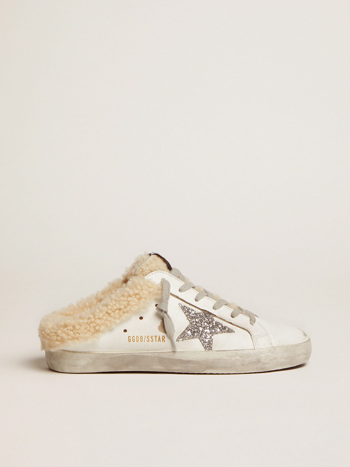Super-Star Sabot in pelle bianca con stella in glitter argento e fodera in shearling