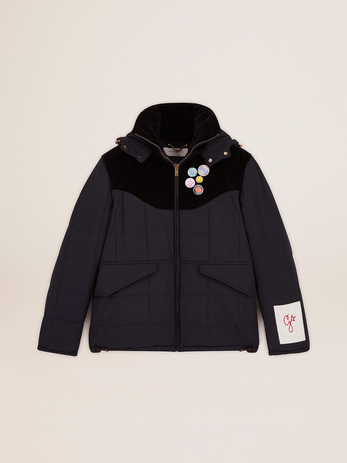 Giacca piumino in nylon blu scuro e cotone corduroy nero