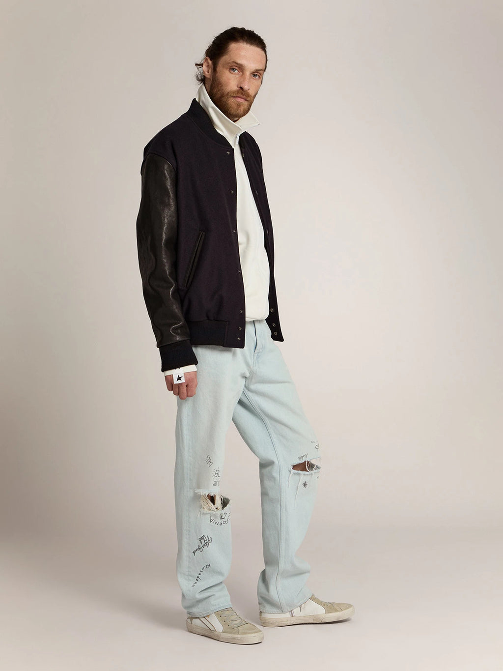 Giacca bomber in lana blu scuro e maniche in pelle distressed