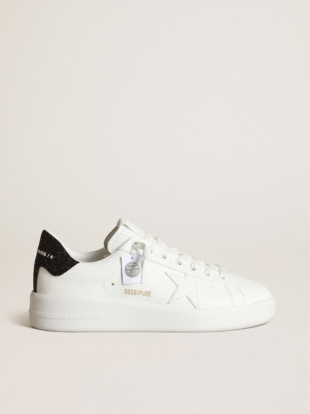 Sneaker Purestar in pelle bianca con stella ton sur ton e talloncino in cristalli Swarovski neri
