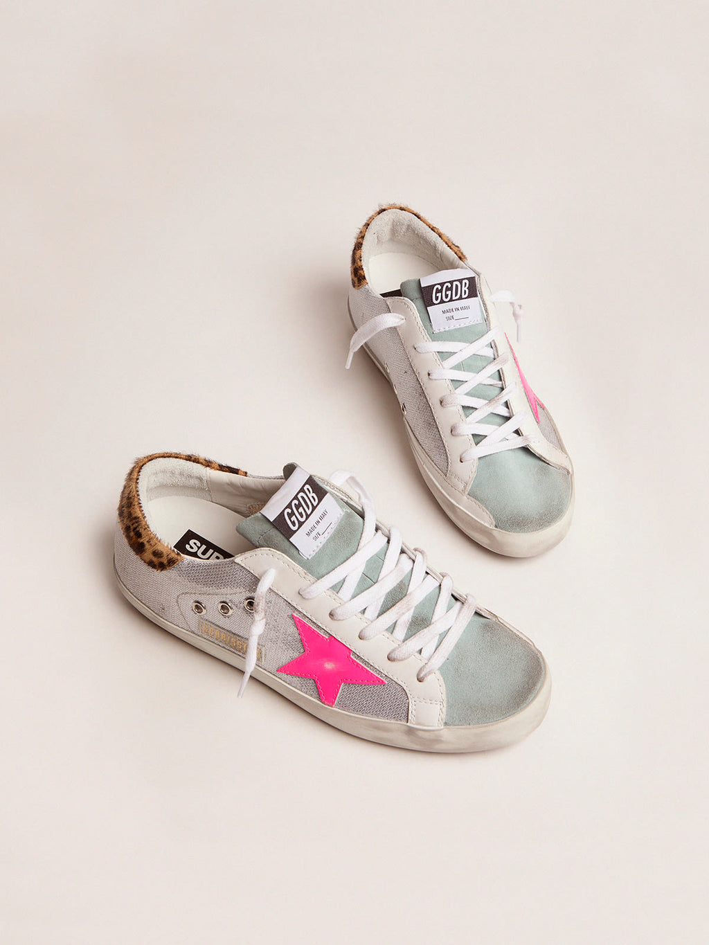 Sneaker Super-Star con paillettes e talloncino leopardato