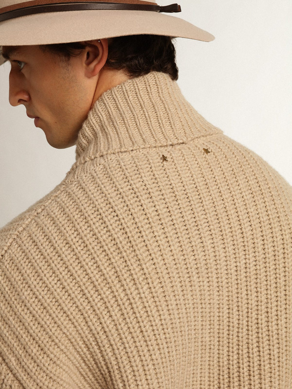 Cardigan doppiopetto Collezione Journey in lana a coste beige con toppe in pelle ton sur ton