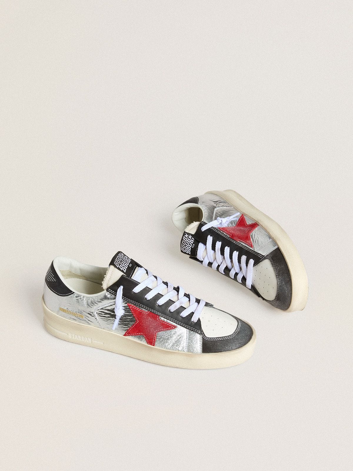 Men’s Stardan in laminated silver nylon with burgundy suede star