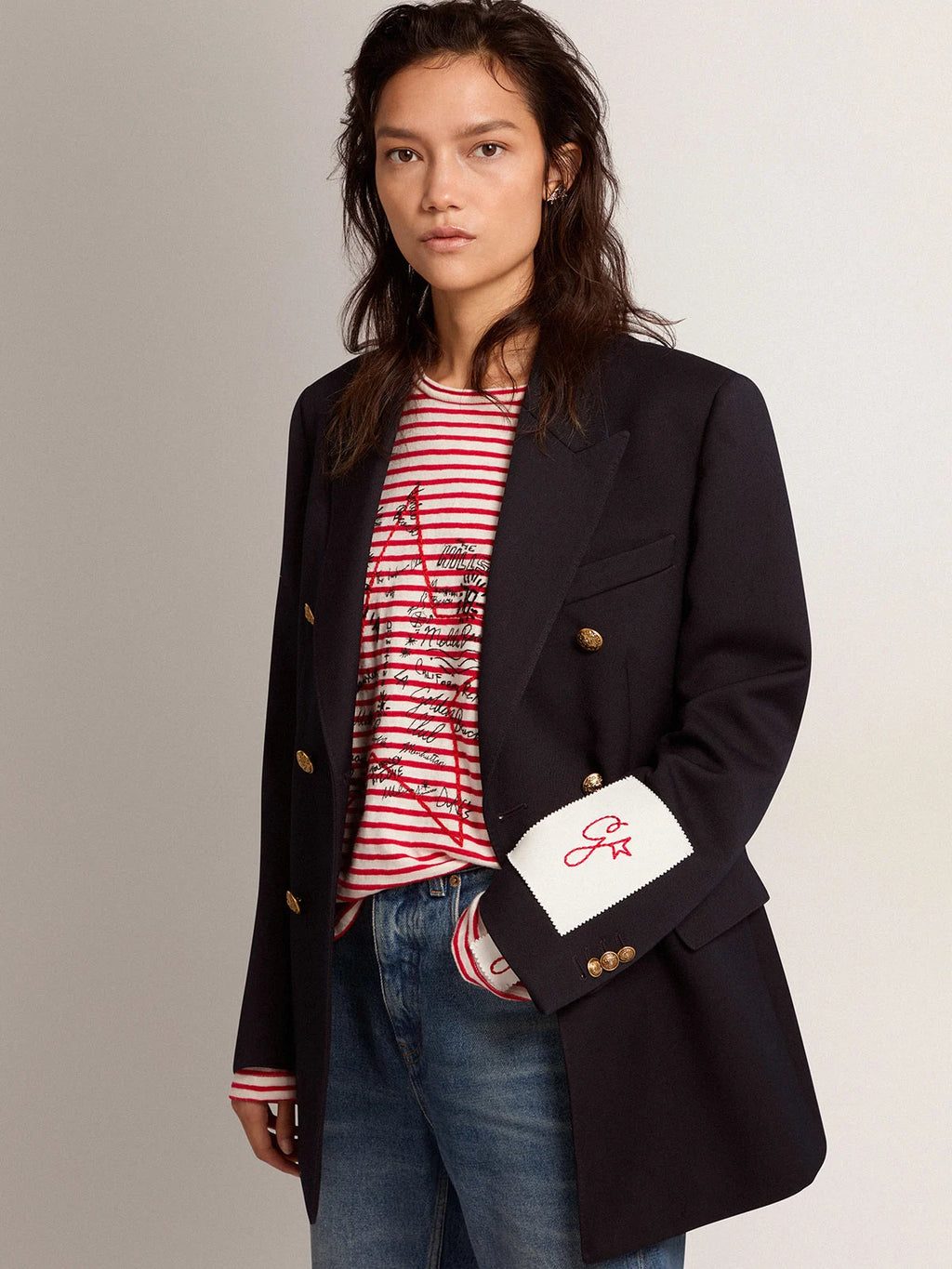 Blazer doppiopetto donna Collezione Golden di colore blu scuro con bottoni araldici dorati