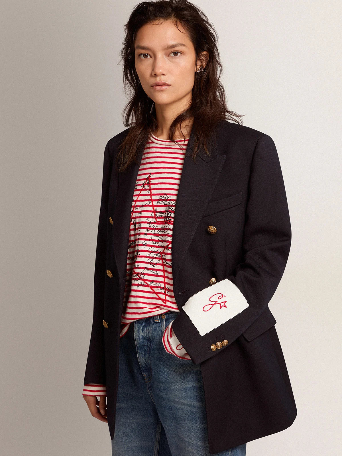 Blazer doppiopetto donna Collezione Golden di colore blu scuro con bottoni araldici dorati