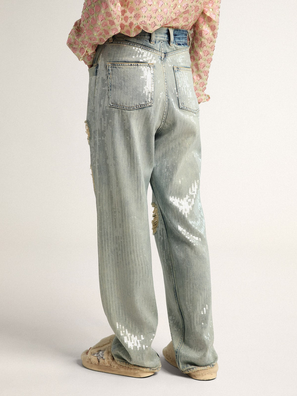 Jeans Collezione Journey di colore blu chiaro dall'effetto distressed con paillettes all-over