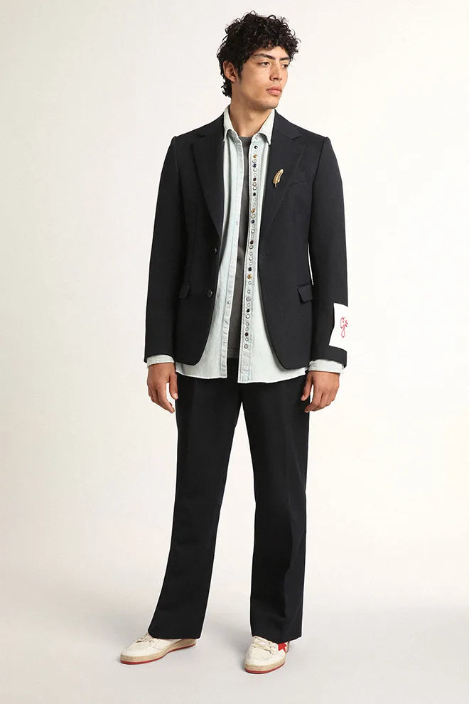 Blazer monopetto da uomo in gabardine di lana blu scuro