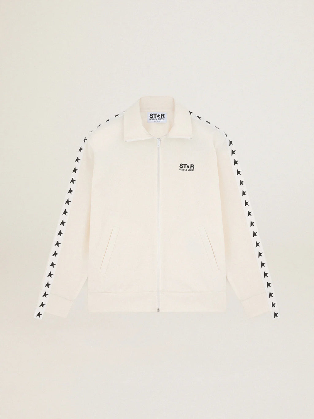 Felpa con zip da uomo di colore bianco con nastro bianco e stelle nere