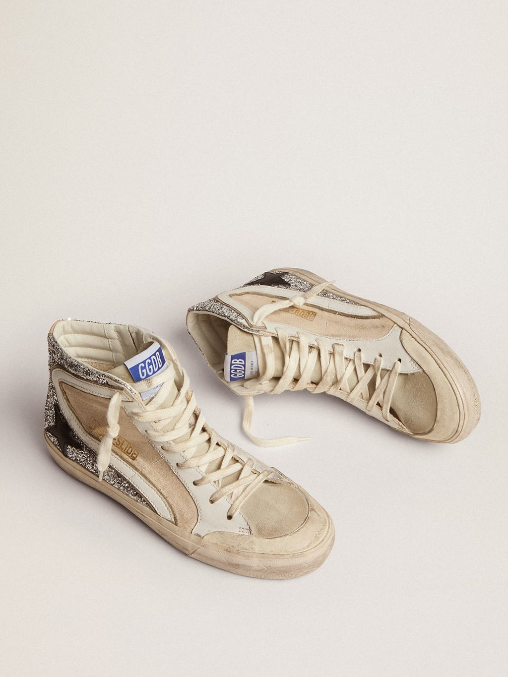Sneaker Slide Penstar in canvas color crema e glitter argento con stella in pelle nera